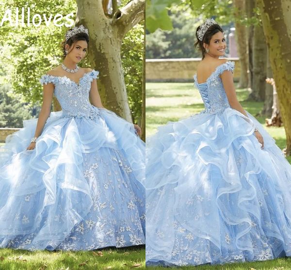 Gogoa luz céu azul quinceanera vestidos fora do ombro 3d flores lace applique frisado Puffy princesa vestidos de baile doce 16 formal aniversário vestidos cl0078