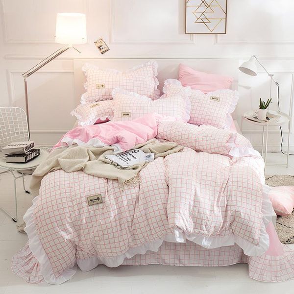 

bedding sets japanese brief pink grid ruffles princess 3/4 pcs set bed sheet duvet cover pillow cases washed cotton king  twin