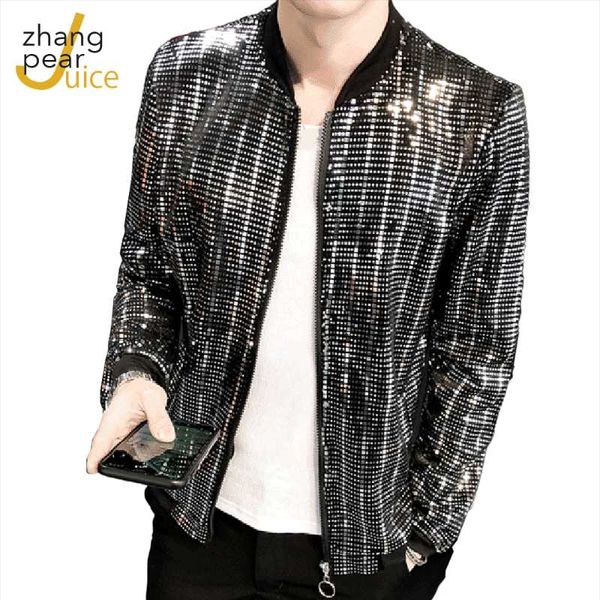 

new sequined jacket men shiny long sleeve glitter zipper coat hip hop slim night club stage streetwear coats, Black;brown