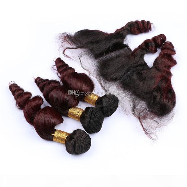 

2 tone human hair weaves with lace frontal 99j wine red ombre hair with frontals 1b 99j hair extensions with 13x4 full frontals, Black;brown