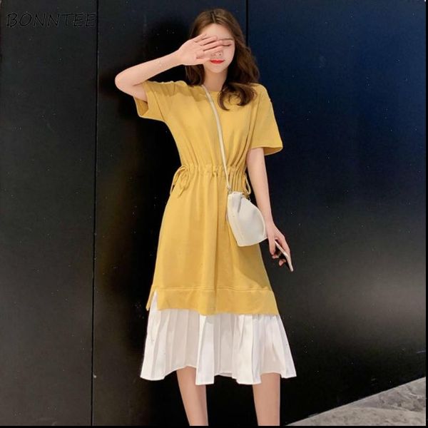 

dress women solid new elastic waist feke two piece patchwork hem ruffles ulzzang oversize midi dresses leisure daily female chic, Black;gray
