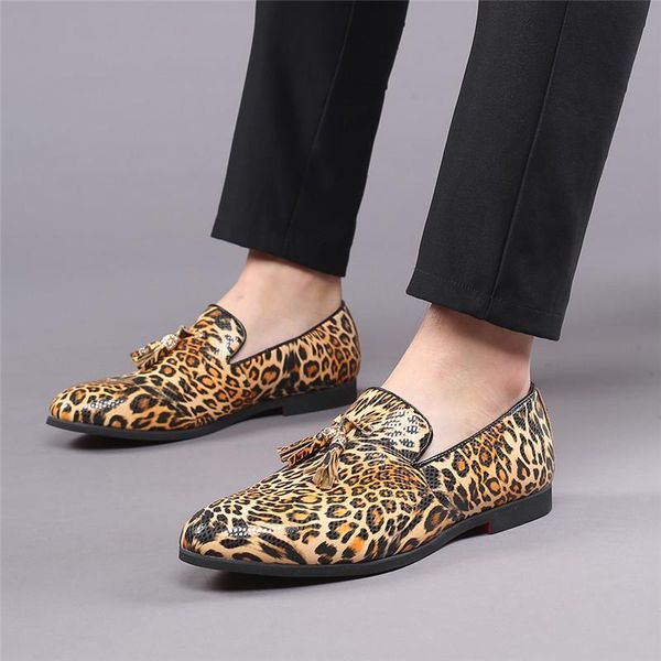 

dress shoes yomior spring summer leopard men casual slip-on formal loafers tassel party wedding driving flats breathable, Black
