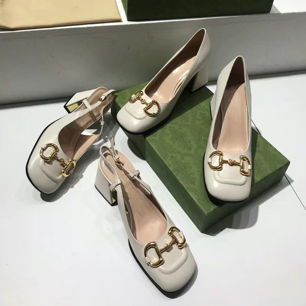 

new women designer pumps slingback with horsebit mid-heel 75mm vintage square toe mules genuine leather summer dress shoes no273, Black