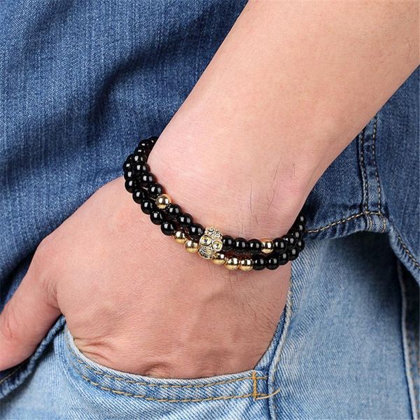 

beaded, strands 6mm bright stone elastic micro-inlaid skull copper men's beaded suit bracelet natural, Black