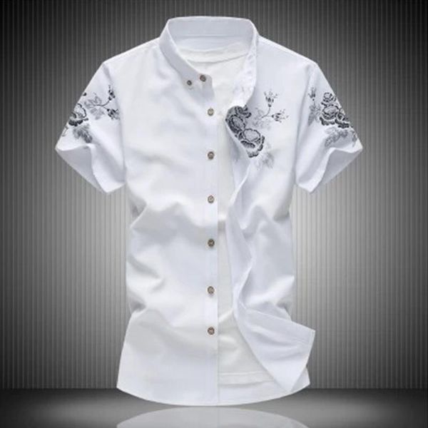 

men's casual shirts summer style short-sleeved floral print buttons plus size shirt fashion 7xl, White;black
