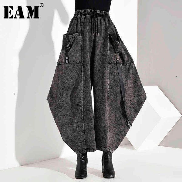 

[eam] high elastic waist pocket split long denim wide leg trousers loose fit pants women fashion spring autumn 1d 211124, Black;white
