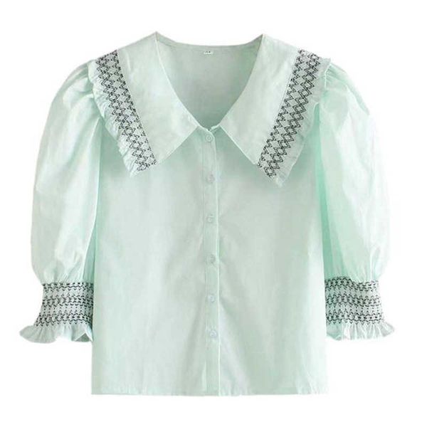 

light green geometric shirred detail peter pan collar girls school loose shirts summer puff sleeve women crop shirt 210604, White