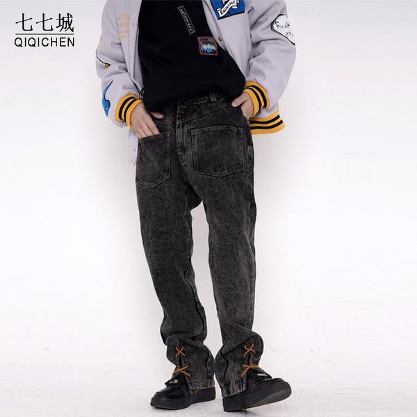 

men's jeans washed men harajuku ankle lace up letter embroidery male retro straight baggy oversize denim trousers hip hop casual pants, Blue