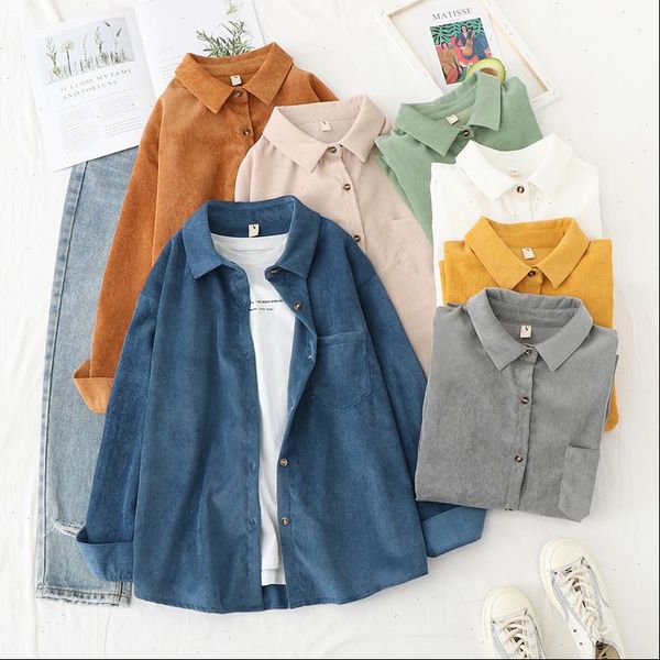 

korean fashion women blouses 2021 womens corduroy shirts spring autumn vintage femme loose long sleeve blusas feminina mujer, White