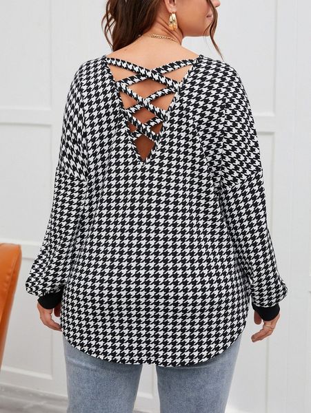 

plus criss cross back houndstooth tee j08t#, Black