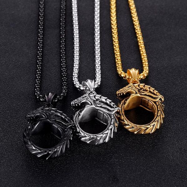 

pendant necklaces european and american retro zodiac stainless steel ouroboros eternal circle domineering trendy male hip hop necklace, Silver