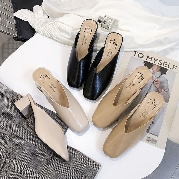 

dress shoes 2021 slipper woman coarse with square sandals shoe, Black