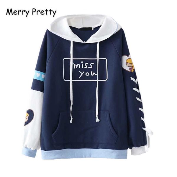 

merry pretty women letter print pocket hooded sweatshirts winter long sleeve lace up pullover for femme sweet style hoodies s-xl 210526, Black