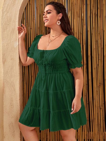 

plus square neck puff sleeve a-line dress s5dd#, Black