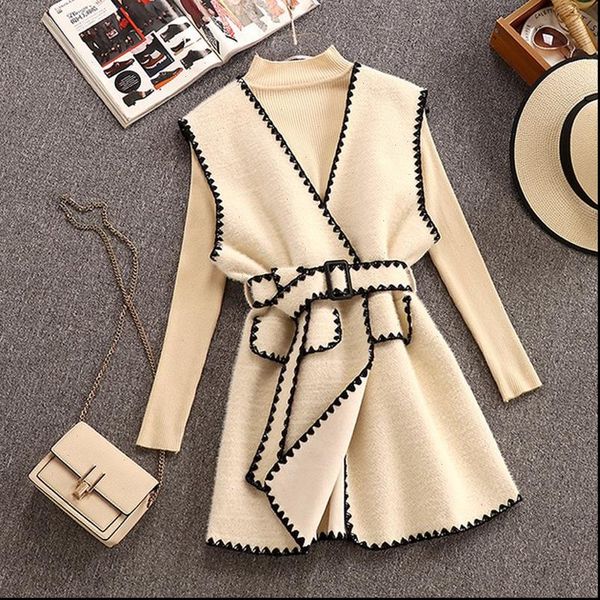 

winter womens clothing sleeveless jacket england style v neck belt vest coats elastic sweater 2piece set ladies sets, Gray