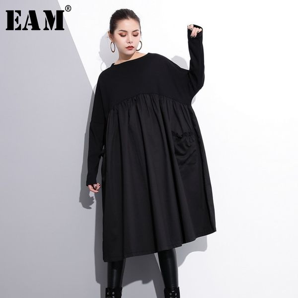 

[eam] new spring round neck long sleeve black big size pockets fold split joint big size dress women fashion tide je616 210302, Black;gray
