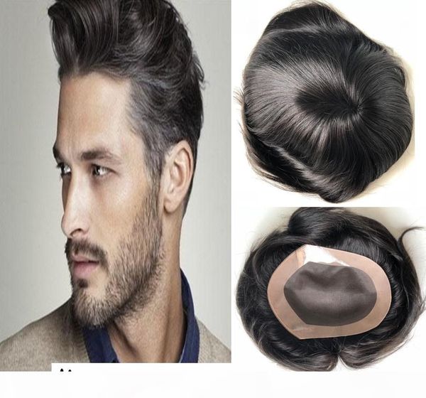 

stocked mens toupee mono lace with pu thin skin perimeter real human hair toupee hair pieces ing, Black