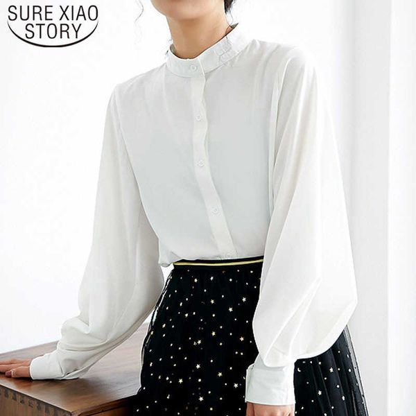 

camisas mujer casual chiffon solid stand collar women's blouse summer vintage long sleeve cardigan women blouses 5262 50 210527, White