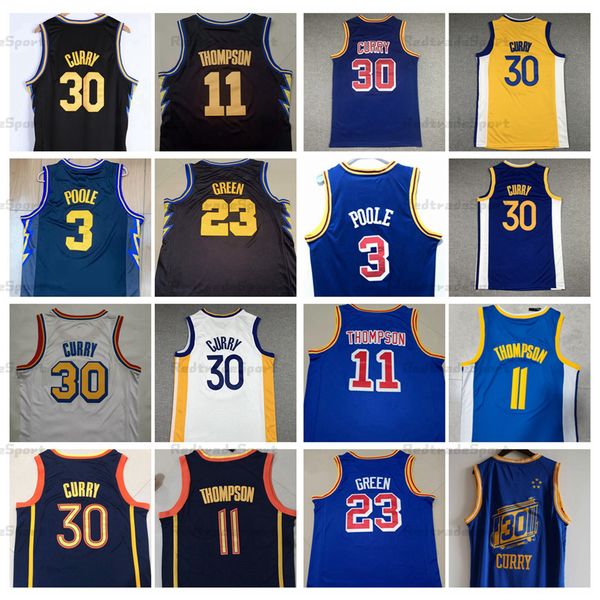 

mens 30 stephen curry klay 3 poole 11 thompson 23 draymond green basketball jerseys city black 75th stitched jersey vintage blue shirts s-xx, Black;red