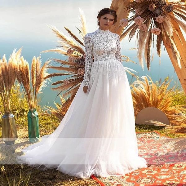 

other wedding dresses elegant a-line long sleeves lace tulle bridal gowns high neck boho beach vestido de novia, White