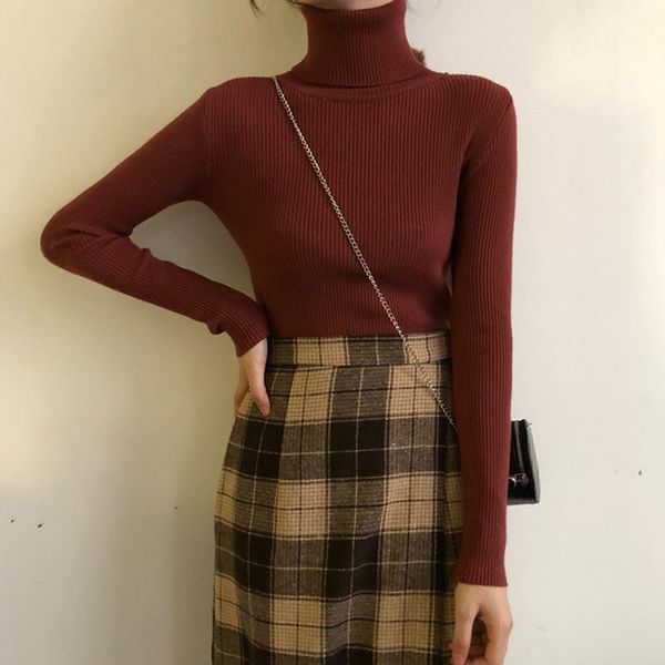 

women's sweaters winter fashion all-match turtleneck knit pullovers sweater women autumn high elastic solid slim bottoming knitted top, White;black