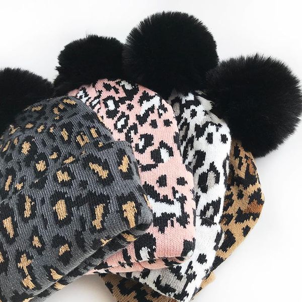 

caps & hats children's autumn winter warm hat faux fur pompom cotton leopard for baby toddler kids girl cap boy bonnet, Yellow