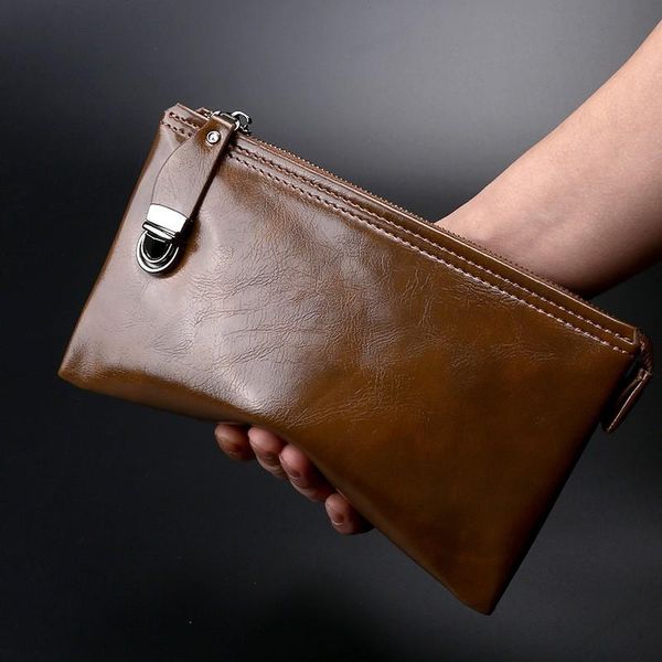 

wallets men's wallet wax oil skin business handy bag large sizes men wrist purse billeteras para homme vintage soft leather clutch, Red;black