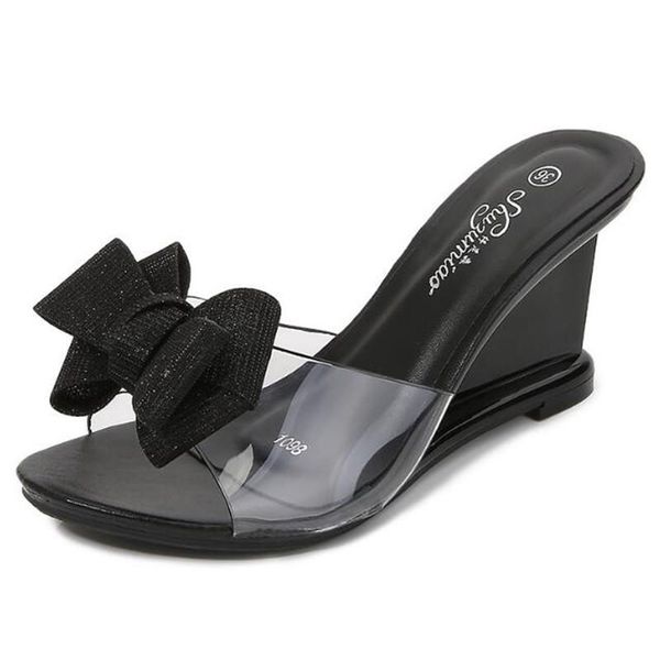 

sandals women 8cm wedges high heels chaussures femme pvc open toed waterproof platform butterfly-knot shoes for, Black