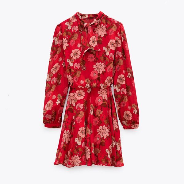 

New Red 2021 Floral Printed Chiffon Mini Women Fashion Bow O-neck Pleated Long Sleeve Dress Woman Vintage Elegant Dresses Ywt4 1BZ8, Black;gray
