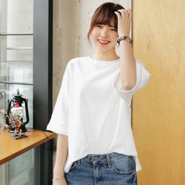 

woman tshirts half sleeve loose solid t shirt korean fashion girls clothing summer cotton black white o-neck top
