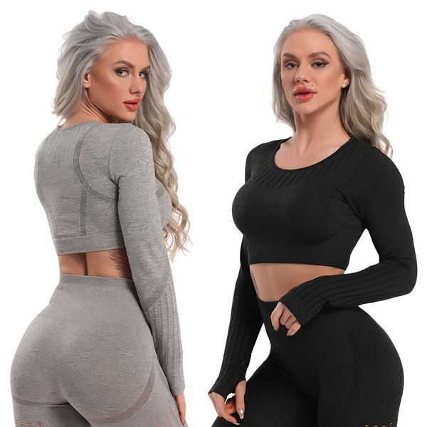 

seamless yoga long sleeve workout for women fitness running shirts athletic gym crop woman sportswear short active, White;red