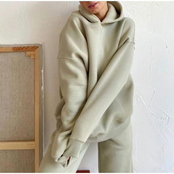 

women's two piece pants thick hooded trousers suit sports casual two-piece loose soft warm sportswear solid elegant pullovers 2021 autu, White