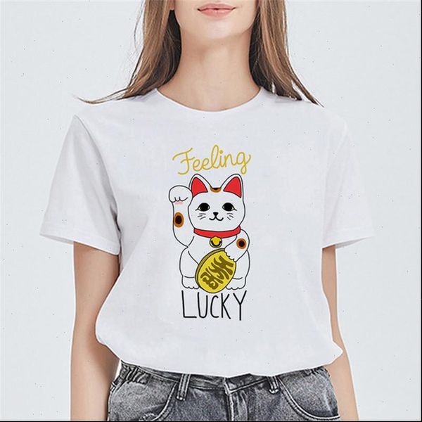 

cute kawaii japacese lucky cat printed summer women t shirts harajuku maneki neko graphic tees femme streetwear t shirts, White