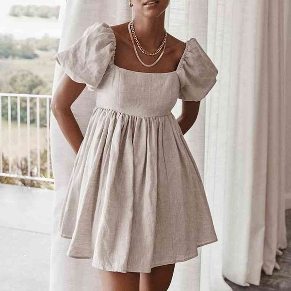 

casual dresses cotton and linen puff sleeve a line party high waist square collar summer comfort mini 2021 fashion ggzu, Black;gray