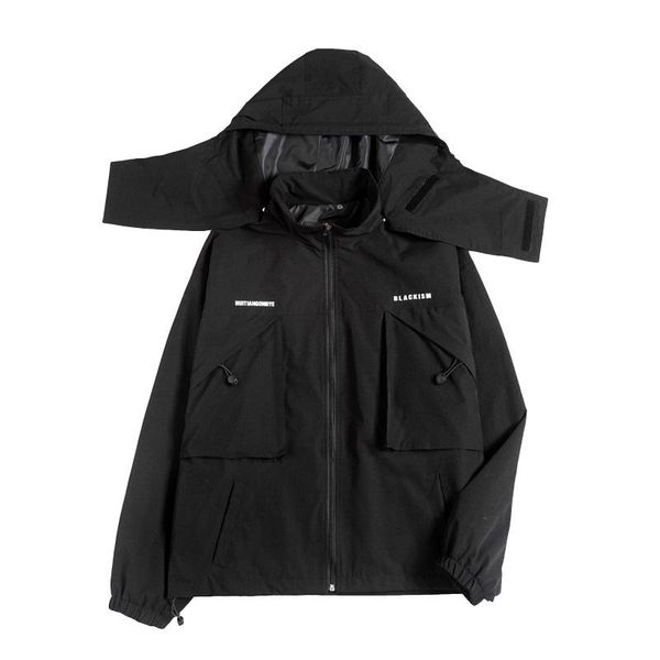 

men's jackets techwear removable hooded letter black hip hop japanese tooling coats streetwear cardigan zipper casual men outerwear, Black;brown