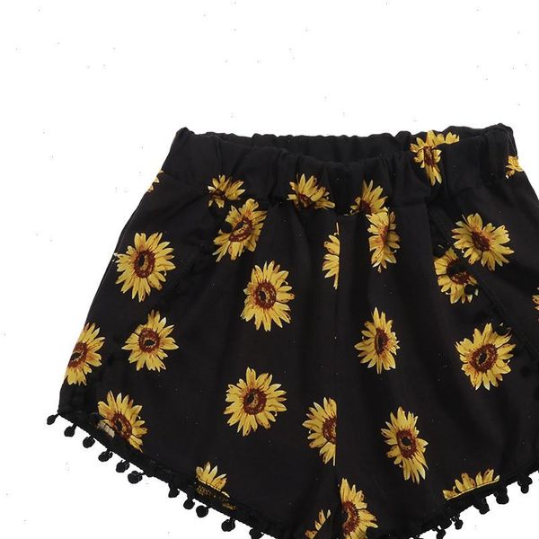 

2021 new summer women shorts korea casual pocket elastic waist ball tassel sunflower print for beach home 905113, White;black