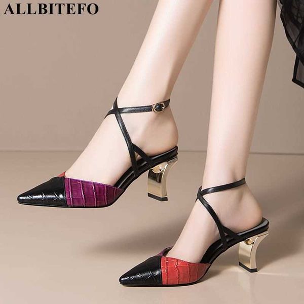 

allbitefo genuine leather high heels ankle-strap party women shoes summer sandals heel 210611, Black