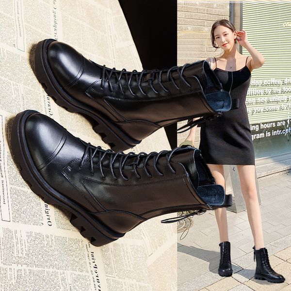 

leather martin 2021 high versatile short fashion winter plush women's sho spring and autumn single boots, Black