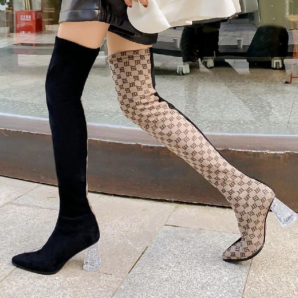 

boots stretch women over the knee brand fashion splicing print long slip on high party pointed heels, Black