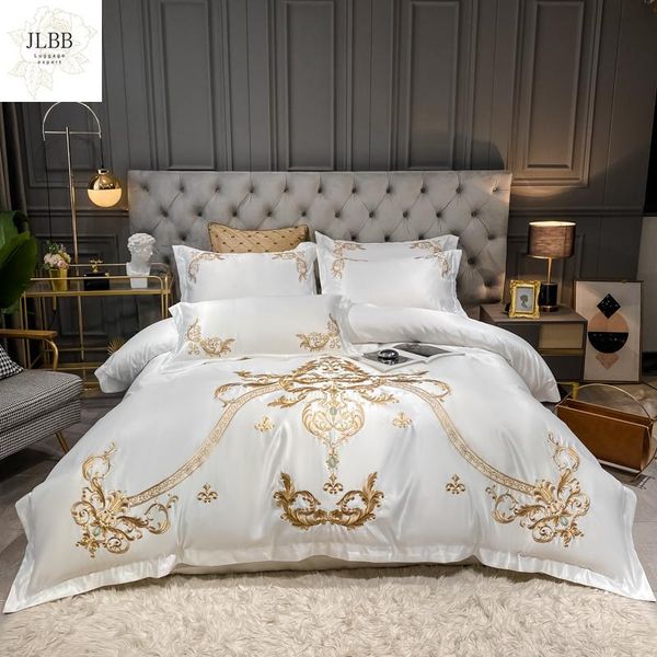 

bedding sets 2021 luxury white european gold royal embroidery soft satin silk cotton set duvet cover flat/fitted sheet pillowcases
