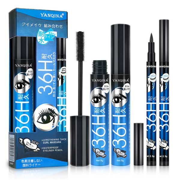 YANQINA Schwarzer flüssiger Eyeliner + Mascara, 2 Stück in 1, schnell trocknend, wasserfest, nicht verschmierend, Eyeliner-Stift, Make-up-Set 8827#