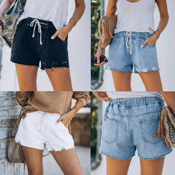 

women's jeans tie wide tassel loose denim shorts for women street hipster 2021 summer straight pants elastic all-match, Blue