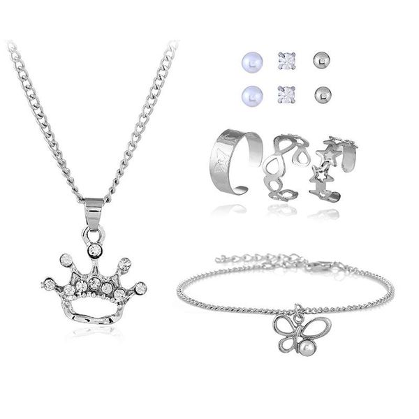 

earrings & necklace fashion simple white k diamond geometric open ring bracelet four piece set women's jewelry, Silver