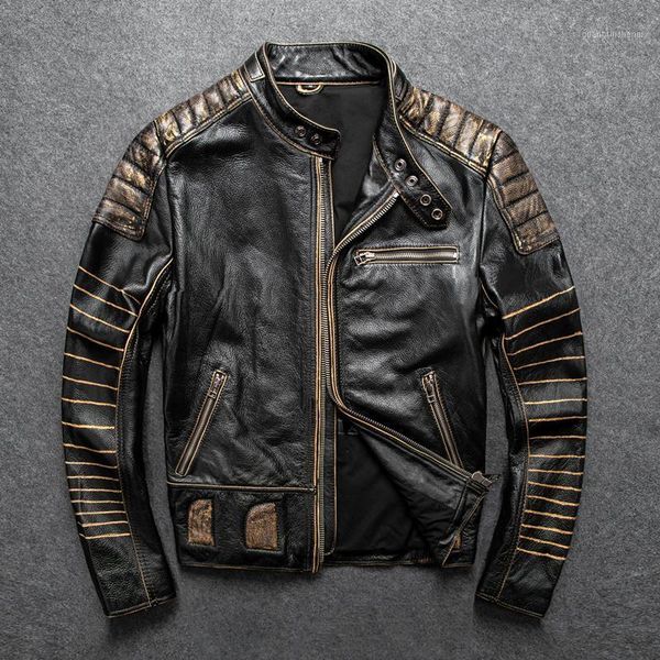

men's leather & faux gu.seemio vintage motorcycle jacket men 100% cowhide genuine jackets mens biker coat moto 2021, Black