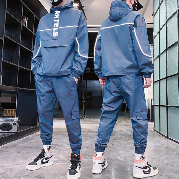 

spring new fashion reflective tracksuit men hooded sweat suits 2 piece set men streetwear jogger suits plus size s-4xl, Gray