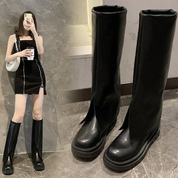 

boots women's leather for autumn and winter 2021 medium tube solid color black thin thick-soled