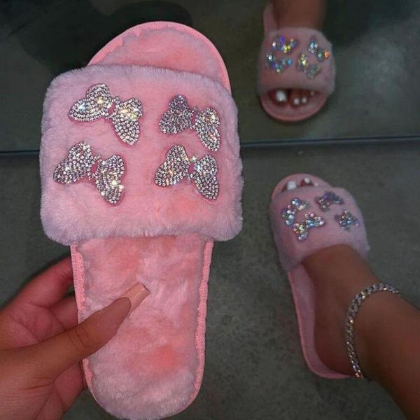 

slippers winter women round-toe thick-soled flat mid-heel fur sandals bowknot rhinestone home furry slides, Black