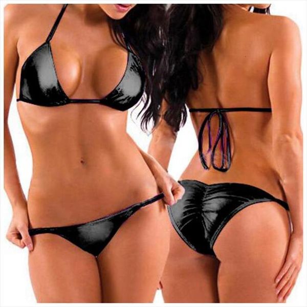 

Sexy Women Two Piece Pu Swimsuit Leather Bikini Mini Triangle Thongs Bra Tops,lacing Adjust Cute Bathing Bikinis Set Swimwear, White;black