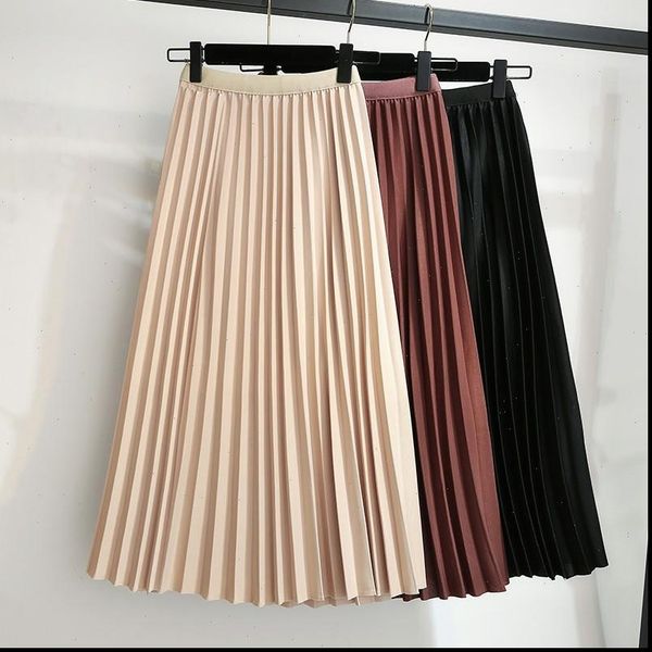 

autumn women skirt 2021 summer light classic a word skirt thin solid color skirt waist retro slim pleated mid length, Black