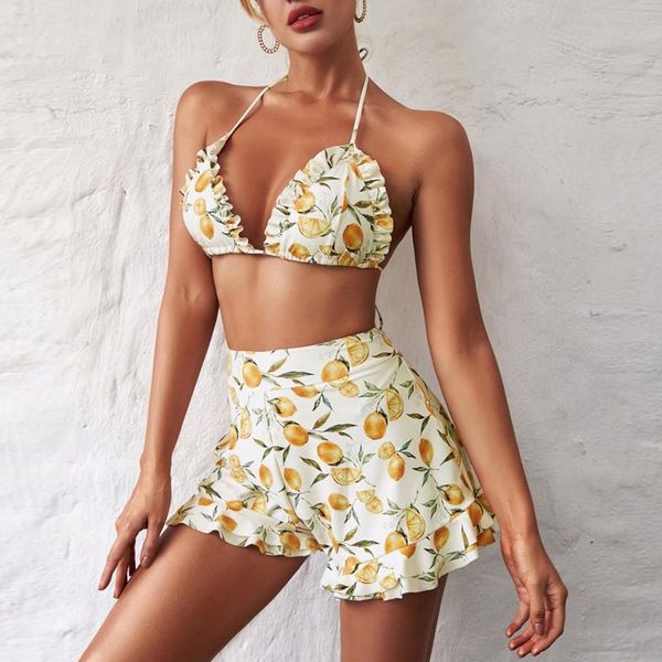 

women's swimwear sagace fashion bikini 2021 woman brazilian fruit print backless padded bra beach ruffle set swimsuit beachwear, White;black
